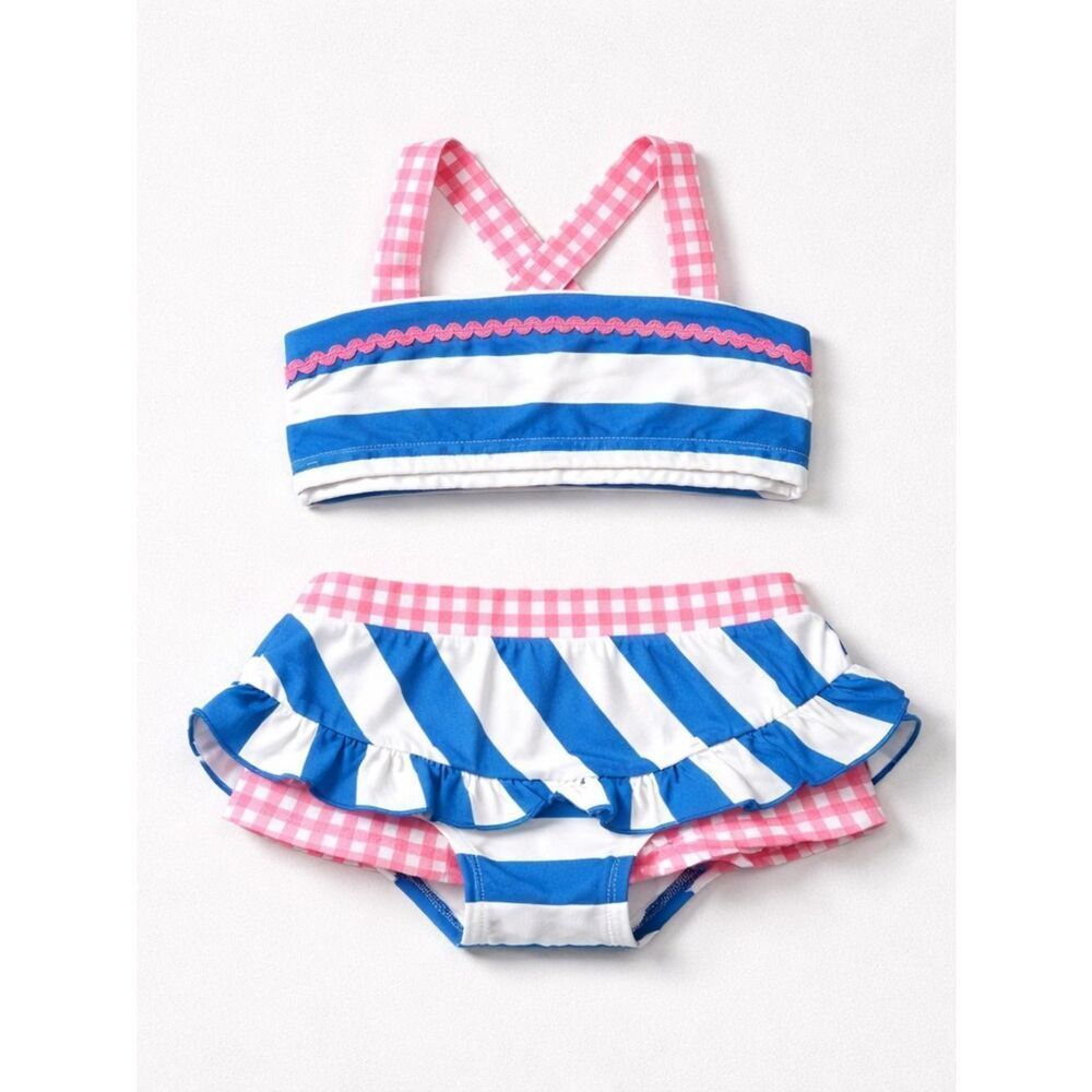Sweet Honey 2 piece skirted boy short bikini set size 2T blue white pink New